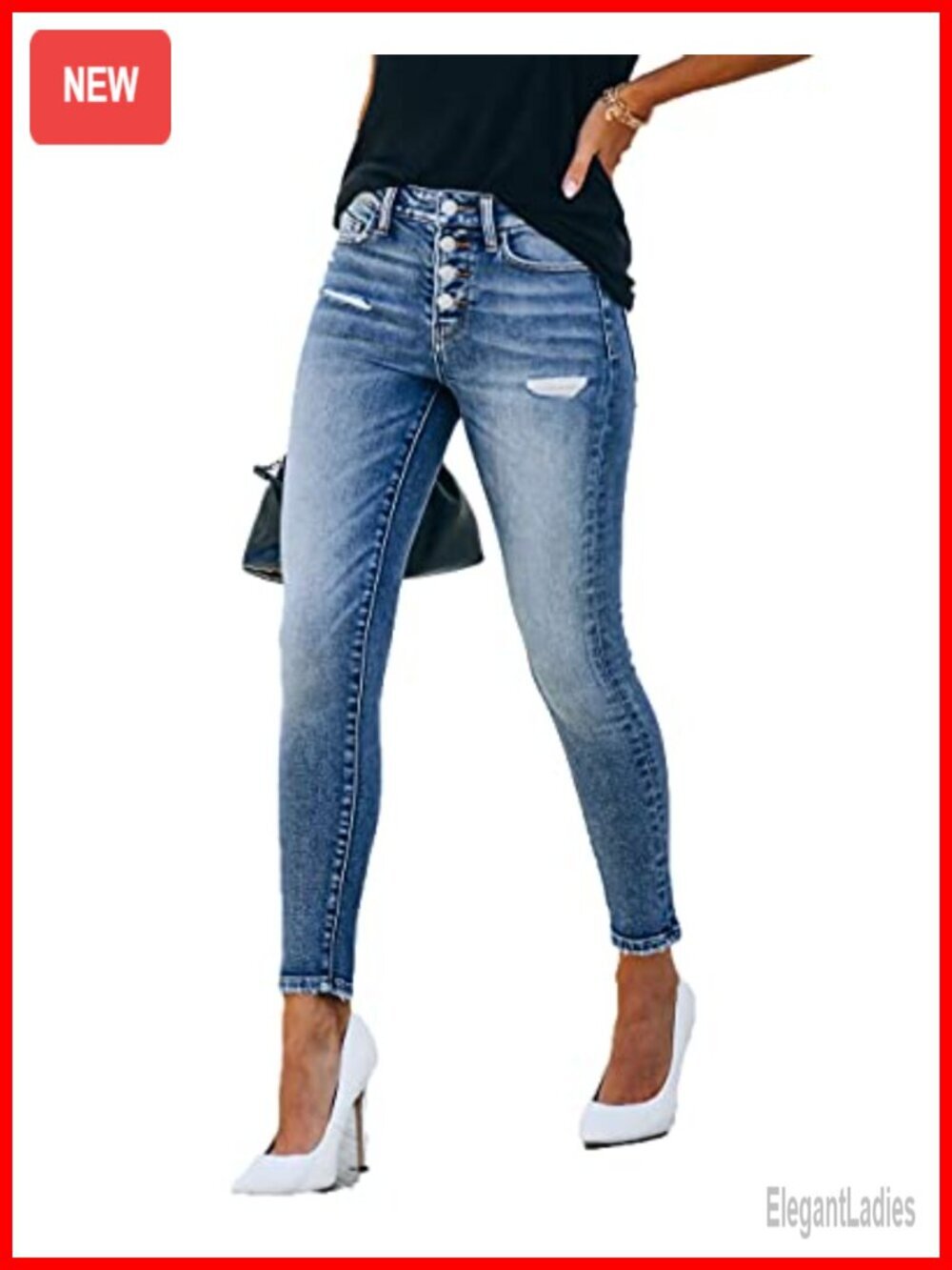 High Rise Skinny Stretch Button Ripped Jeans Distressed Denim Pants - Picture 4 of 7